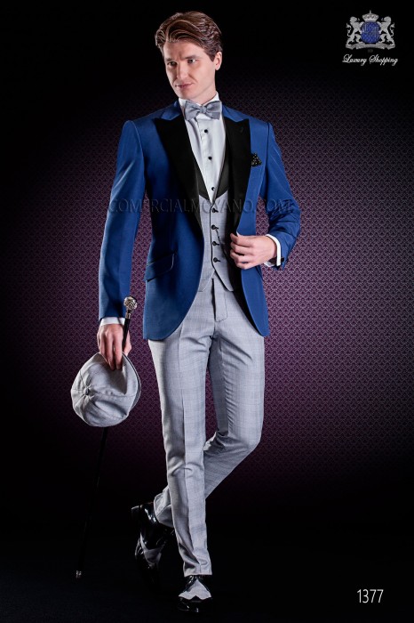 Italienischer Hochzeitsanzug mit Schmal geschnittener. Herrensakko blau und Hose aus Schottenmuster "Prince of Wales"