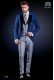 Italian wedding suit with Slim stylish cut. Formal jacket made from blue and trousers made from Prince of Wales fabric