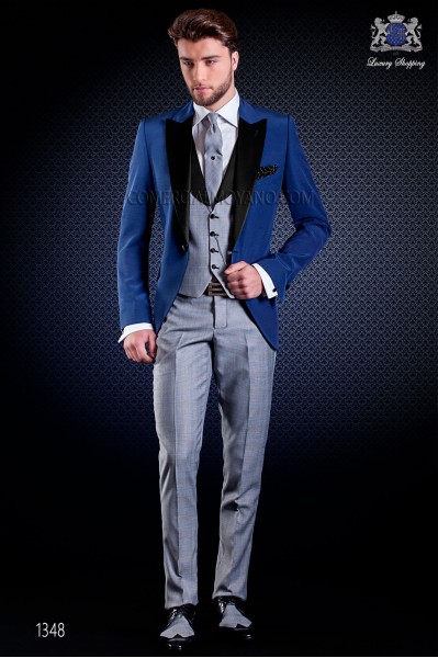 Italian wedding suit with Slim stylish cut. Formal jacket made from blue and trousers made from Prince of Wales fabric