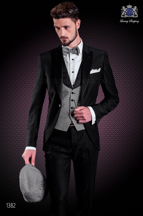 Veste de costume de coupe élégante Slim, en acétate laine noir. Revers en pointe en satin et un seul bouton