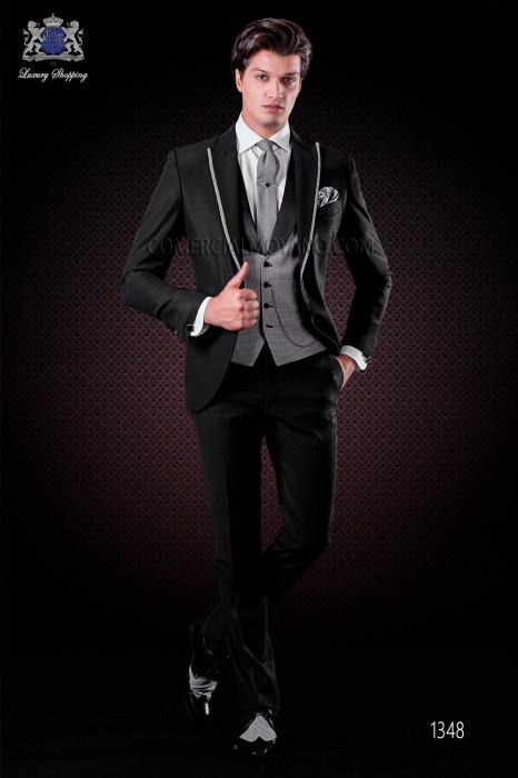 Italian short-tailed wedding suit with slim stylish cut, made from acetate and wool blend in black