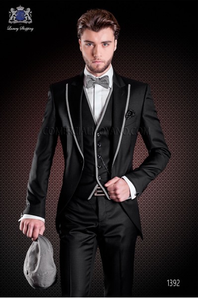 Italian short-tailed wedding suit with slim stylish cut, made from wool sateen woven in black