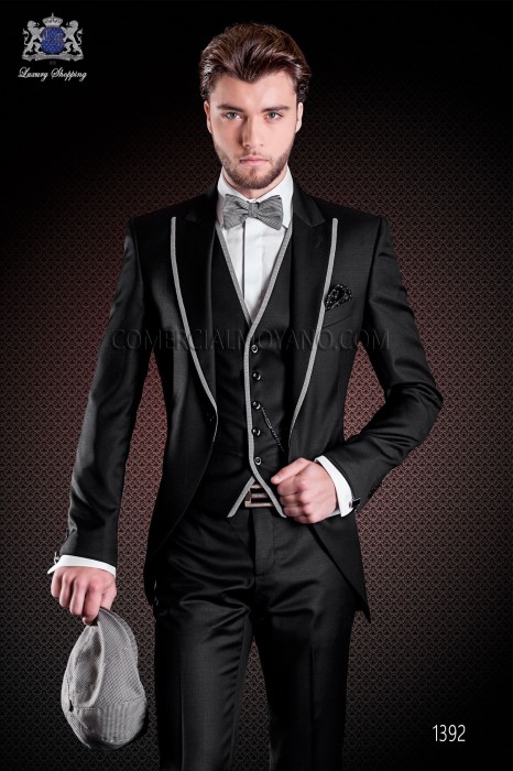 Italian short-tailed wedding suit with slim stylish cut, made from wool sateen woven in black