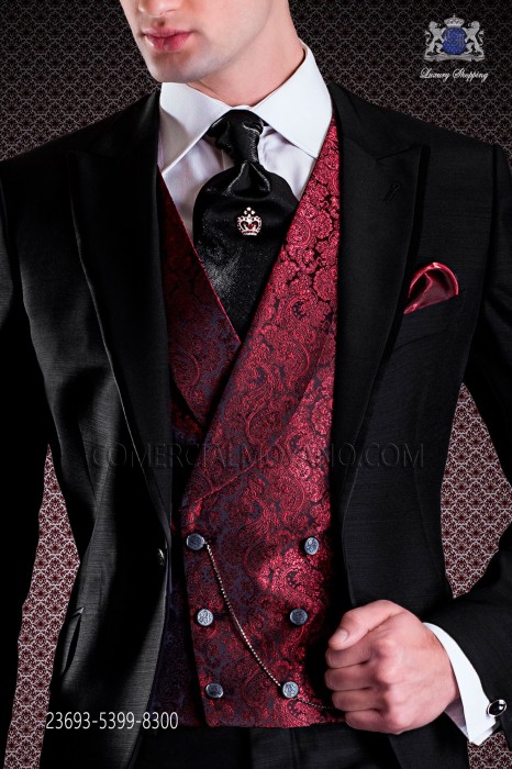 Red groom double breasted waistcoat in jacquard fabric, 6 buttons.