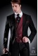 Italian short-tailed wedding suit Slim in black. Peak lapel with single patterned button closure and contrast fabric piping 