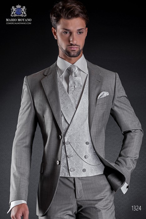 Italienne couture maillot 2 pièces, élégant coupé "Slim" deux boutons. Fil à fil tissu gris perle.