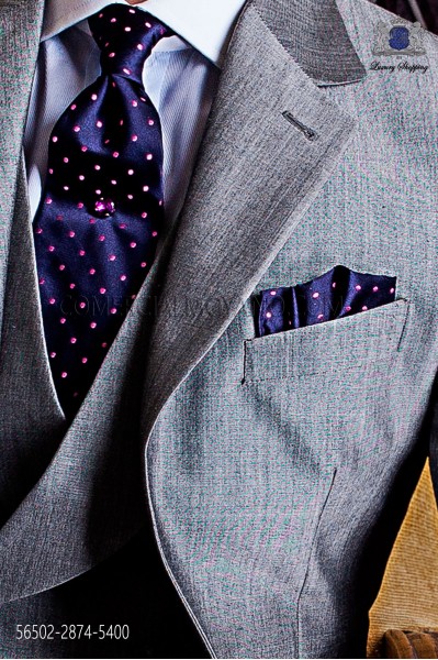 Navy blue tie and handkerchief with pink polka dots