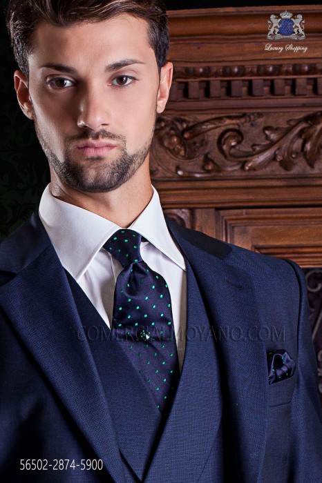 Navy blue tie and handkerchief with green polka dots
