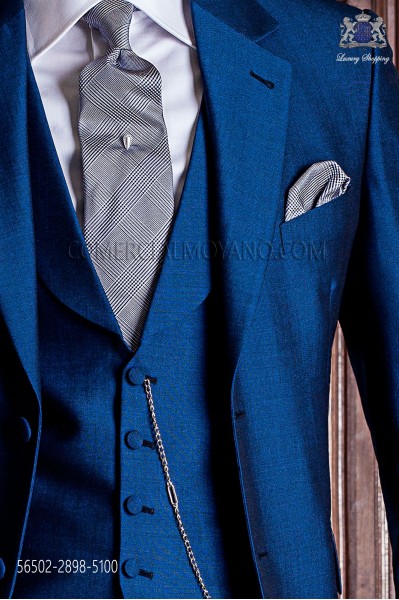 Krawatte mit Taschentuch Prince of Wales grauer Seide mit blauen