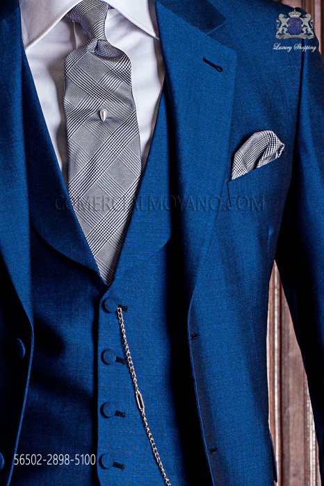 Krawatte mit Taschentuch Prince of Wales grauer Seide mit blauen
