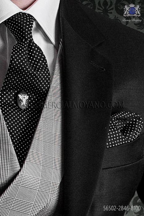 Krawatte mit passendem Einstecktuch aus reiner Seide Jacquard Schwarz-Weiß-Tupfen 56502-2846-8100 Ottavio Nuccio Gala