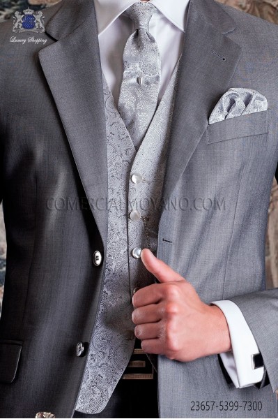 Chaleco de novio sastrería italiana en jacquard gris plata,corte recto 5 botones Ottavio Nuccio Gala
