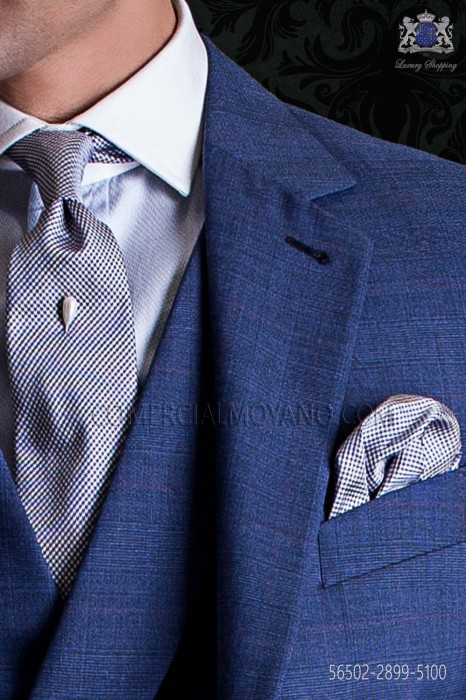 Houndstooth blue silk tie & handkerchief