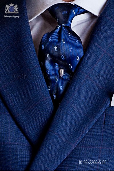 Blue silk tie with cachemire silver designs