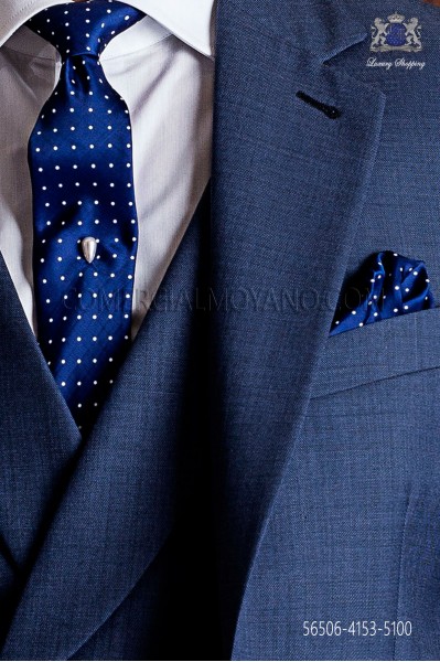 Corbata y pañuelo a juego azul con micropuntos blancos