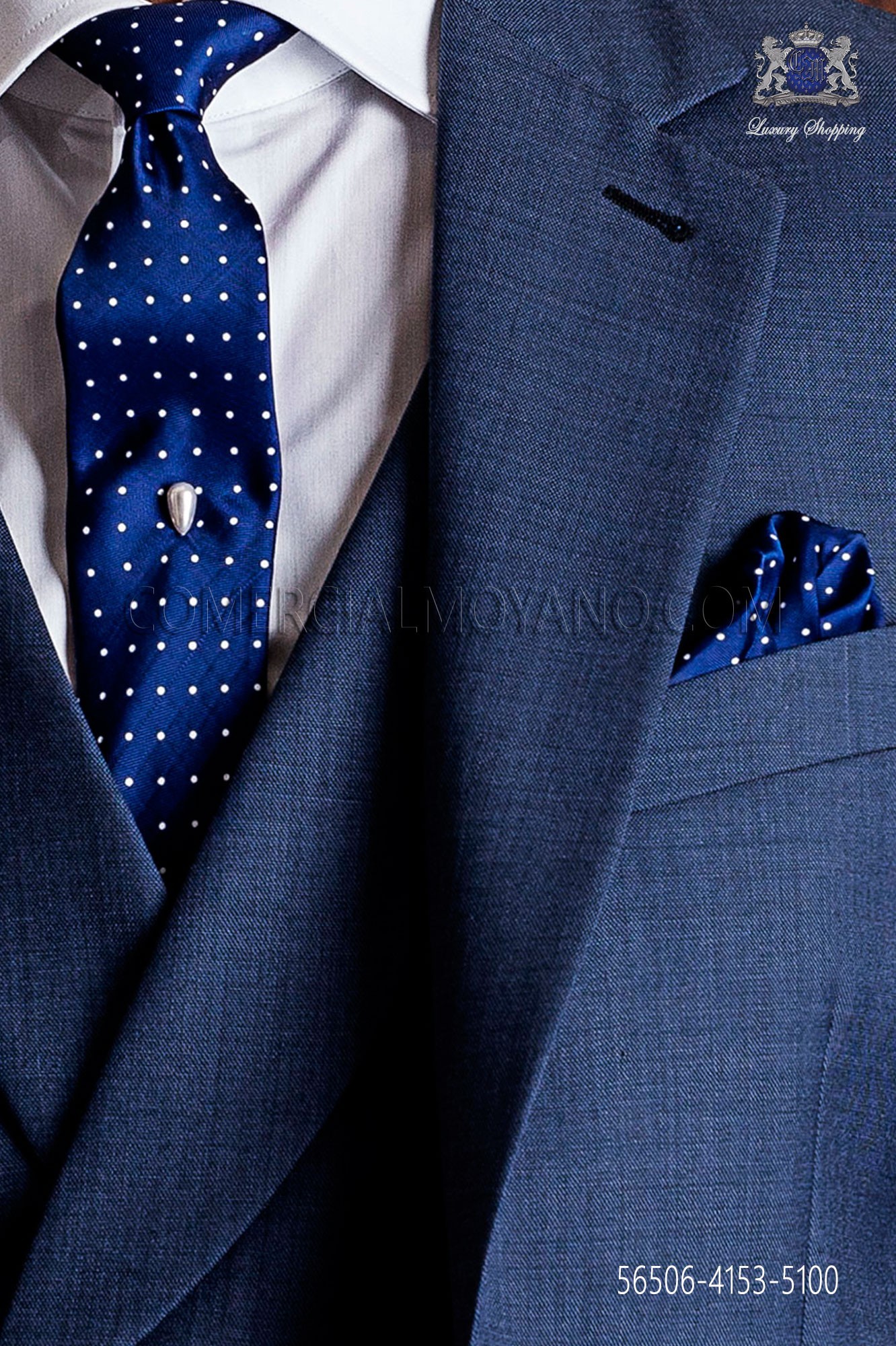 Ambicioso Disipar Respetuoso Corbata estrecha con pañuelo de bolsillo azul de topos blancos MMMoyano.