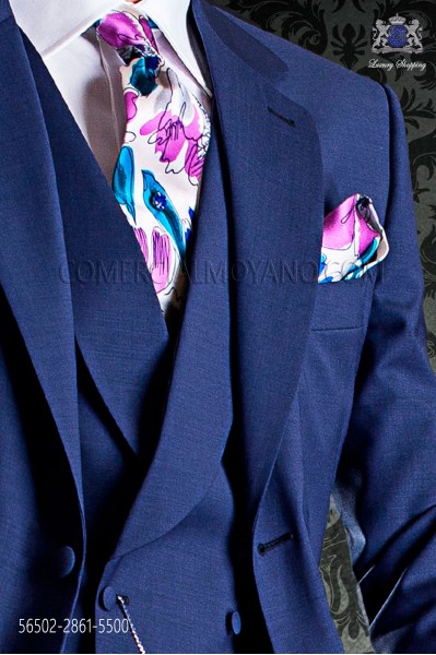 Blue and purple floral stamped silk tie & handkerchief