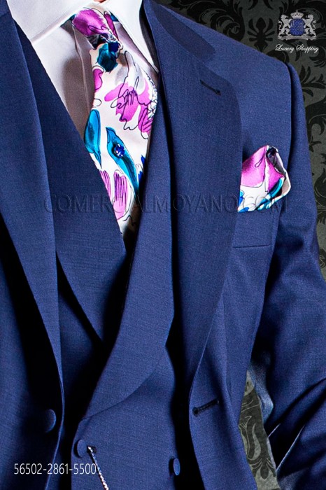 Corbata con pañuelo de seda estampada en azul malva