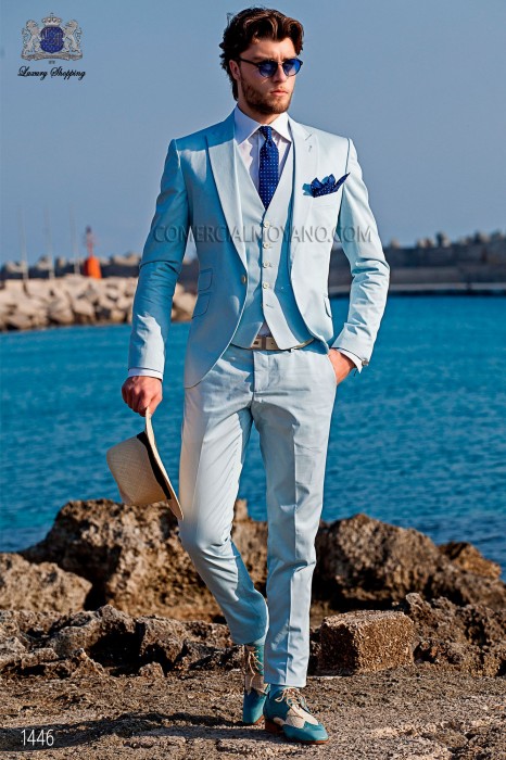 Anzug modernen italienischen Stil "Slim". Modell Kantenklappen und 1-Taste. Weisser Stoff aus 100% Baumwolle