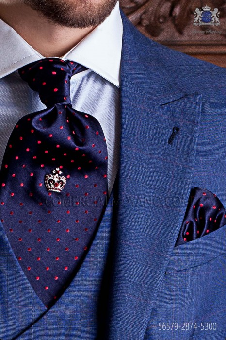 Navy blue ascot tie and handkerchief with red polka dots
