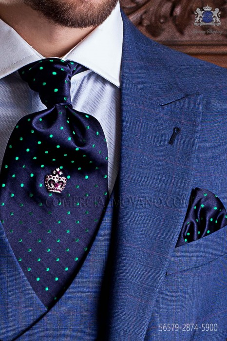 Navy blue ascot tie and handkerchief with green polka dots