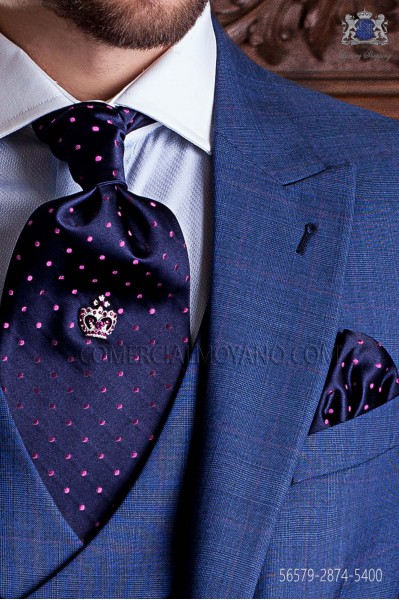 Navy blue ascot tie and handkerchief with pink polka dots