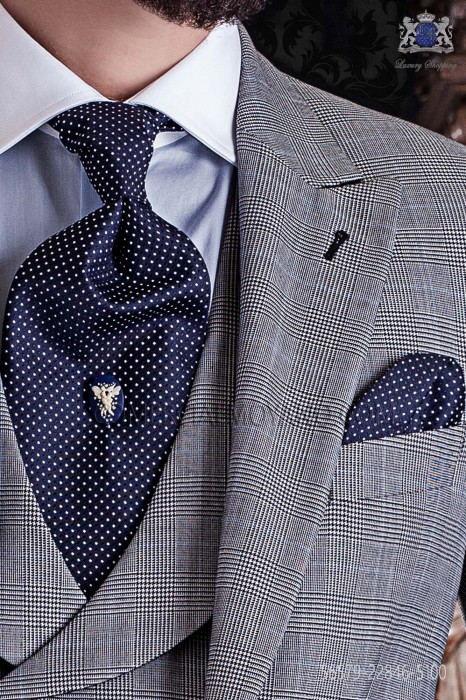 Ascot cravate avec mouchoir de purs soie bleu et pois blancs 56579-2846-5100 Ottavio Nuccio Gala