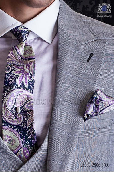 Krawatte mit passendem Einstecktuch in Purpur und blau Paisley Designs