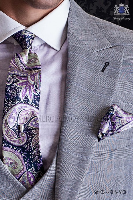 Cravate vintage avec mouchoir Paisley pourpre et bleu