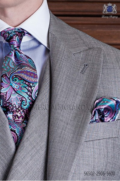 Cravate vintage avec mouchoir Paisley roses et bleu