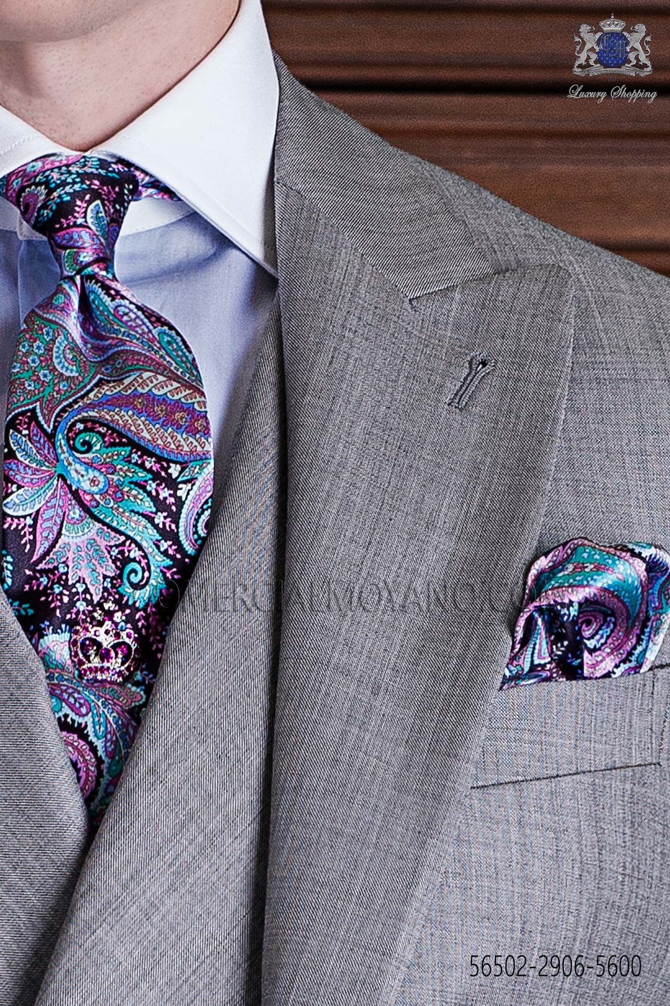Vintage Krawatte mit passendem Einstecktuch in rosa und blau Paisley