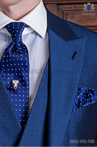 Blue with white polka dots groom tie with handkerchief