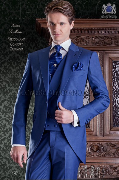 Electric blue groom short frock coat italian slim cut