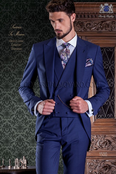 Royal blue groom short frock coat italian slim cut
