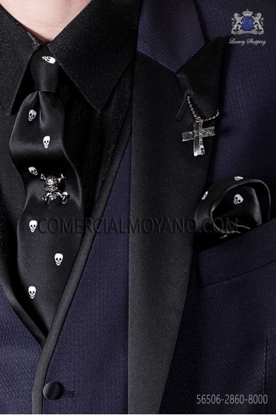 Narrow black tie and handkerchief silk satin with white skulls