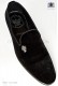Black velvet slipper shoe with applied nickel skull