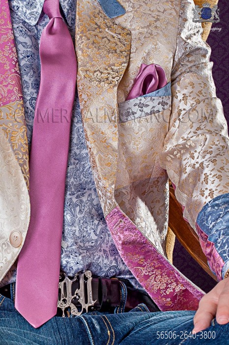 Narrow pink satin tie with matching handkerchief