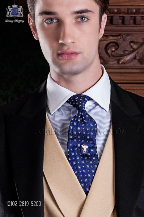 Bleu cravate en soie avec des motifs dorés