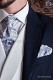 White ascot tie with blue paisley pattern and handkerchief set
