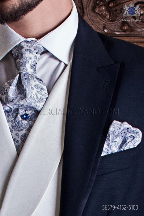White ascot tie with blue paisley pattern and handkerchief set