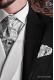 White ascot tie with black paisley pattern and handkerchief set