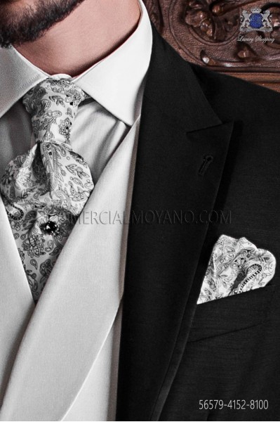 White ascot tie with black paisley pattern and handkerchief set