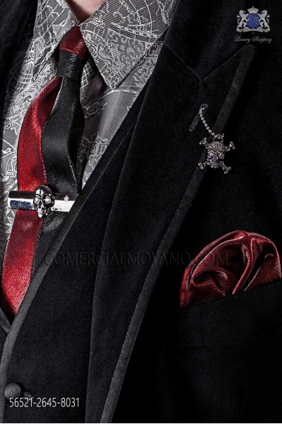 Black and red lurex fashion narrow tie & red handkerchief