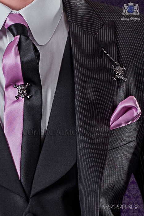 Black and pink satin fashion narrow tie & pink handkerchief