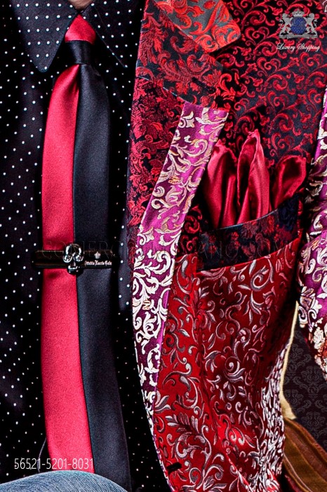 Black and red satin fashion narrow tie & red handkerchief