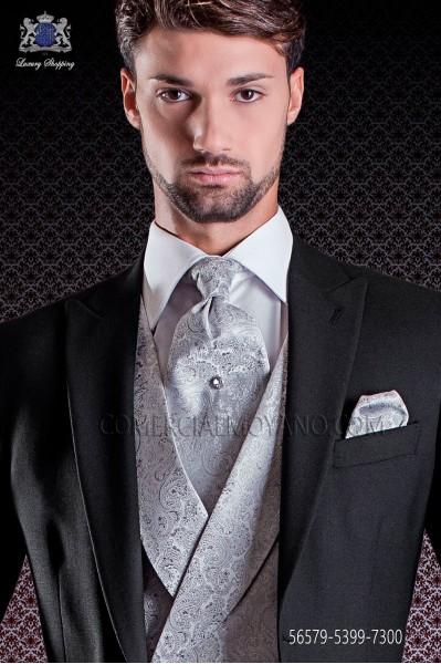 Groom Tie with pocket handkerchief ascot in pearl gray jacquard design
