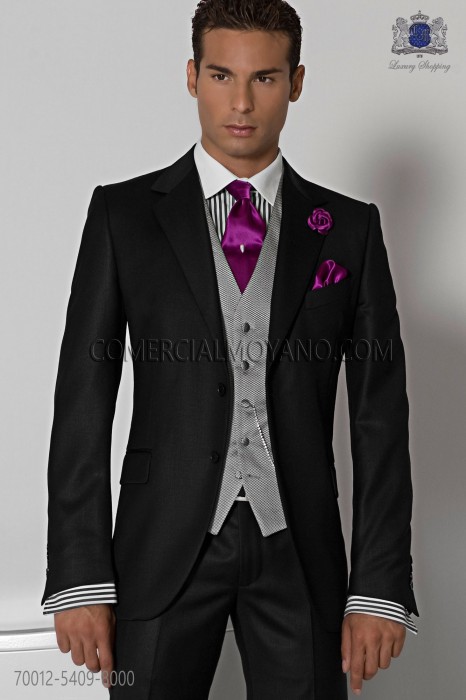 Italian tailoring suit stylish cut "Slim" two buttons. 100% black wool fabric.