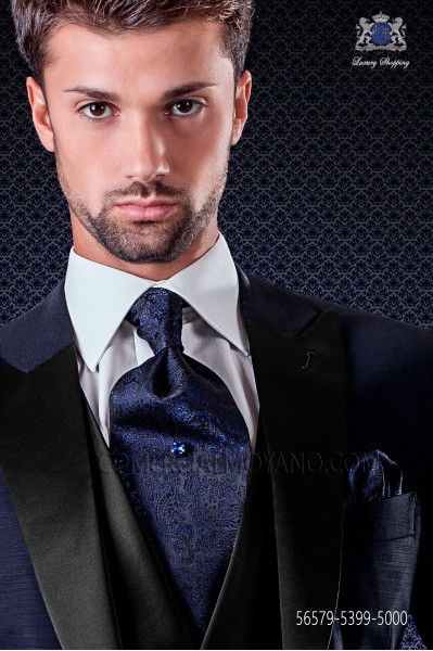Blue cashmere design ascot tie with maching pocket handkerchief