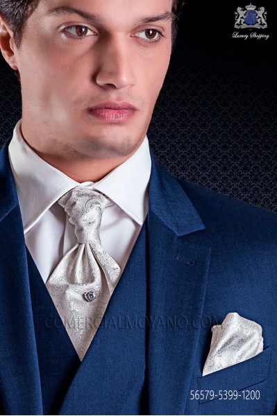 Groom ascot tie with pocket handkerchief in ivory jacquard design