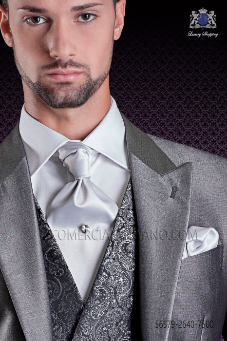 Pearl gray satin ascot tie and pocket handkerchief On Gala